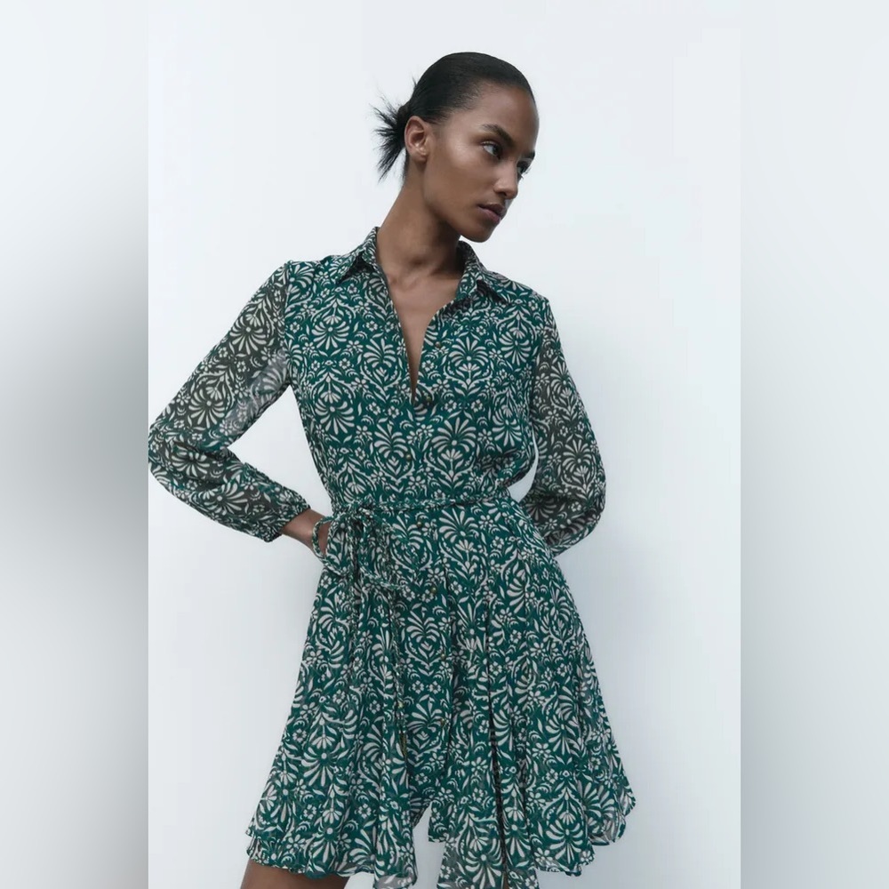 Zara Green Printed Flounced Skater Mini Dress
